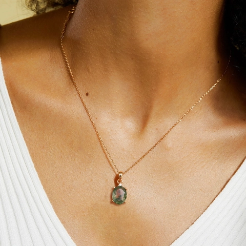 Lussuosa Collana Con Ciondolo in Agata Muschiata in Argento Sterling 925 per Donna Pietra Naturale Verde Ovale Strass Gioielli