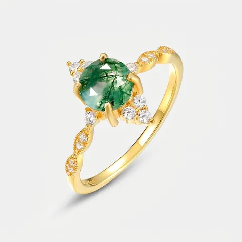 Vintage 925 Sterling Zilveren Groene Mosagaat Ring Voor Vrouwen Goud Verguld Zirconia Ingelegde Edelsteen Ring Mode Sieraden