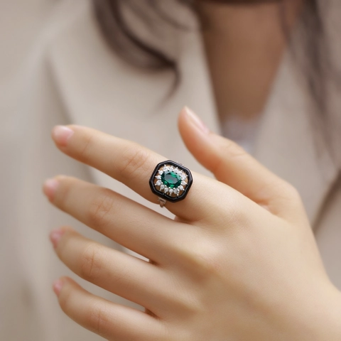 Art Deco 925 Sterling Silver Lab-grown Emerald Open Ring Vintage Oval Green Stone Enamel Rhinestone Adjustable Jewelry
