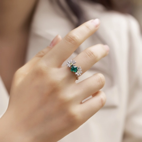 Vintage 925 Sterlingsilber Blume Offener Ring Für Damen Laborgezüchteter Smaragd Eingelegt Strass Floral Verstellbarer Ring