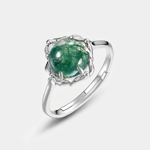 Vintage 925 Sterling Silver Natural Moss Agate Open Ring For Women Green Water Agate Adjustable Finger Ring Fashion Jewelry