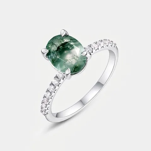 Vintage 925 Sterling Silver Moss Agate Ring For Women Oval Natural Green Stone Ring With Rhinestone Accents Elegant Jewelry Gift