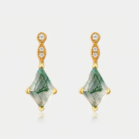 Orecchini a Bottone in Argento Sterling 925 con Agata Muschiata Taglio Aquilone Placcati Oro Zirconia Intarsiata Donna