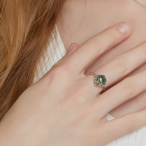 Vintage 925 Sterling Silver Natural Moss Agate Open Ring For Women Green Water Agate Adjustable Finger Ring Fashion Jewelry