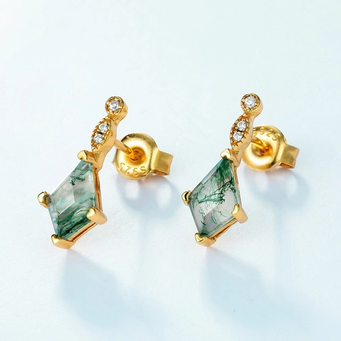 Orecchini a Bottone in Argento Sterling 925 con Agata Muschiata Taglio Aquilone Placcati Oro Zirconia Intarsiata Donna