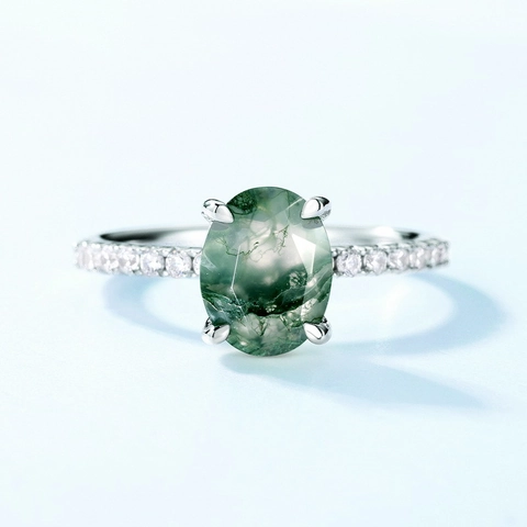 Vintage 925 Sterling Silver Moss Agate Ring For Women Oval Natural Green Stone Ring With Rhinestone Accents Elegant Jewelry Gift