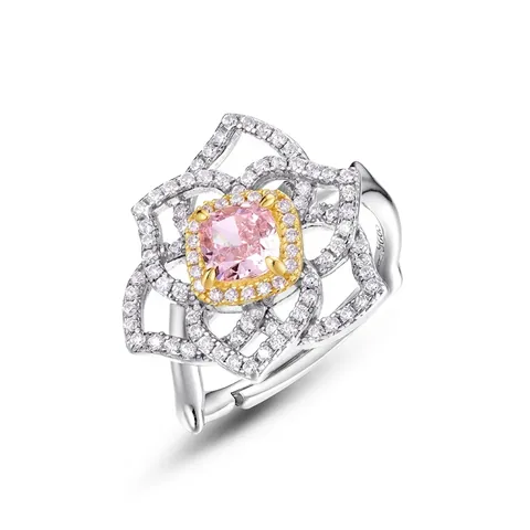925 Sterling Silver Flower Open Ring With Pink Cushion Cut Rhinestone Ice Flower High Carbon Jewelry For Women Fashion