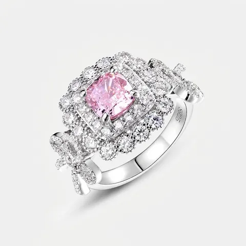 Anello in Argento Sterling 925 con Zirconia Rosa e Fiocco per Donna Gioiello di Lusso con Taglio a Fiore di Ghiaccio Elegante