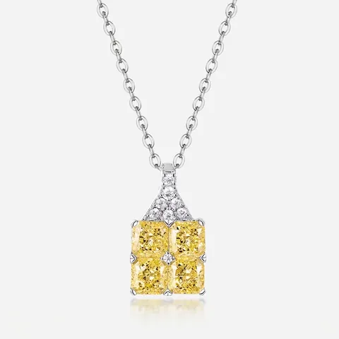 925 Sterling Silver Yellow Zirconia Square Pendant Necklace For Women Sparkly Fashion Geometric Inlaid Jewelry No Chain