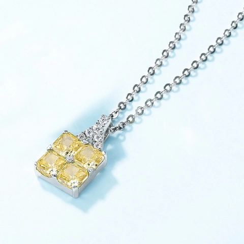925 Sterling Silver Yellow Zirconia Square Pendant Necklace For Women Sparkly Fashion Geometric Inlaid Jewelry No Chain