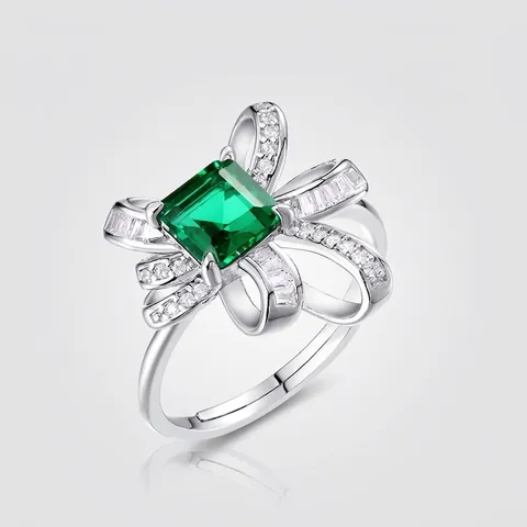 Vintage 925 Sterlingsilber Ring Für Damen Laborgezüchteter Smaragd Quadratischer Grüner Stein Schleife Verstellbarer Strass Schmuck