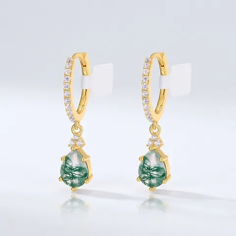 S925 Sterling Silver Green Moss Agate Drop Earrings Gold Plated Teardrop Natural Stone Rhinestone Dangle Earrings Jewelry Gift