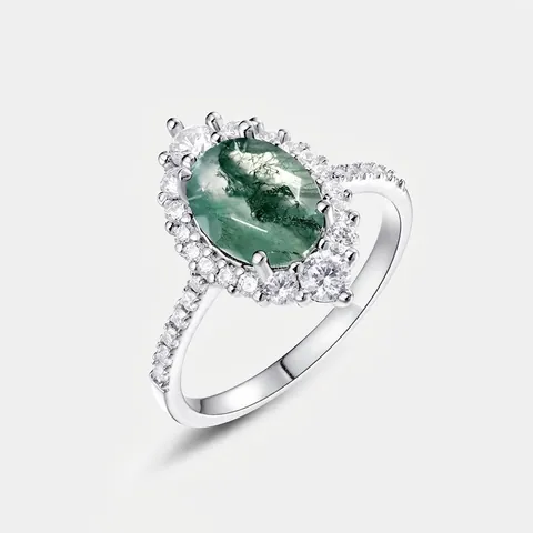 Vintage Oval Moosachat Ring 925 Sterlingsilber Strass Halo Design Grün Naturstein Mode Ring Für Damen Schmuck Geschenk