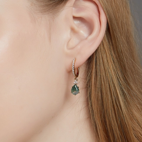 S925 Sterling Silver Green Moss Agate Drop Earrings Gold Plated Teardrop Natural Stone Rhinestone Dangle Earrings Jewelry Gift