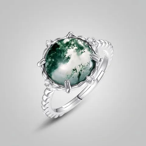 Natürlicher Moosachat Ring 925 Sterlingsilber Verstellbarer Offener Fingerring Für Damen Retro Botanisch Strass Eingelegter Schmuck
