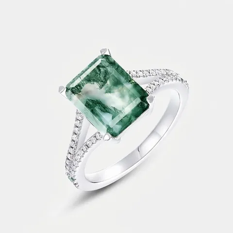 S925 Sterling Silver Moss Agate Ring For Women Geometric Natural Green Stone Vintage Luxurious Zirconia Finger Ring Jewelry