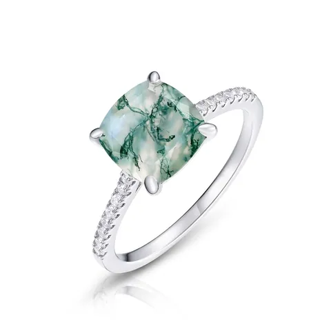 Natural Moss Agate Ring 925 Sterling Silver Square Cut Gemstone Ring With Rhinestone Accents For Women Vintage Luxury Jewelry
