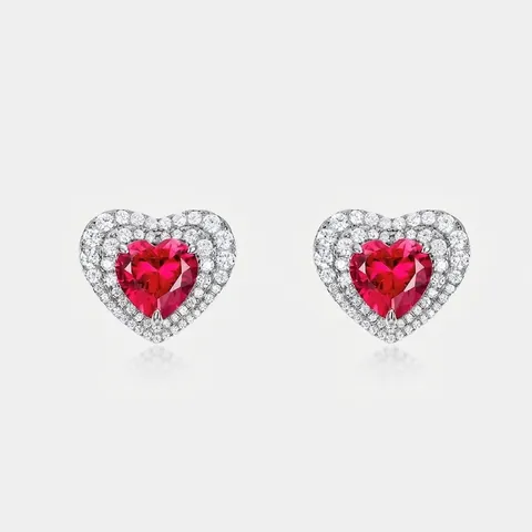 925 Sterling Silver Red Corundum Heart Stud Earrings Luxury Rhinestone Pavé Sparkly Gemstone Earrings For Women Jewelry
