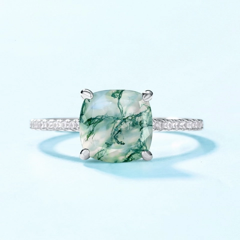 Natural Moss Agate Ring 925 Sterling Silver Square Cut Gemstone Ring With Rhinestone Accents For Women Vintage Luxury Jewelry