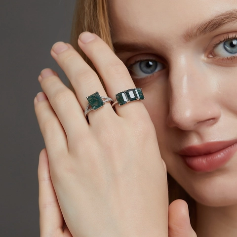 S925 Sterling Silver Moss Agate Ring For Women Geometric Natural Green Stone Vintage Luxurious Zirconia Finger Ring Jewelry