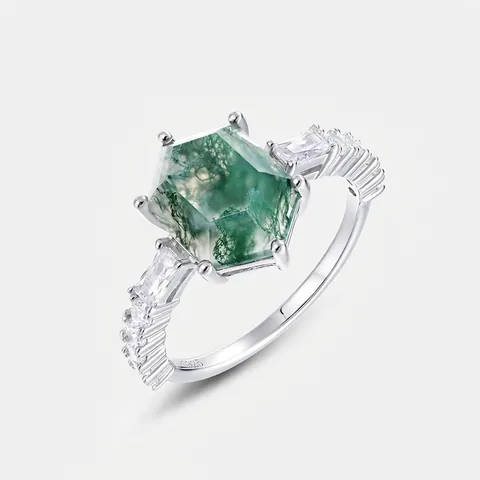 925 Sterling Silver Moss Agate Ring Hexagonal Natural Gemstone Ring With Zirconia Vintage Geometric Finger Ring Women