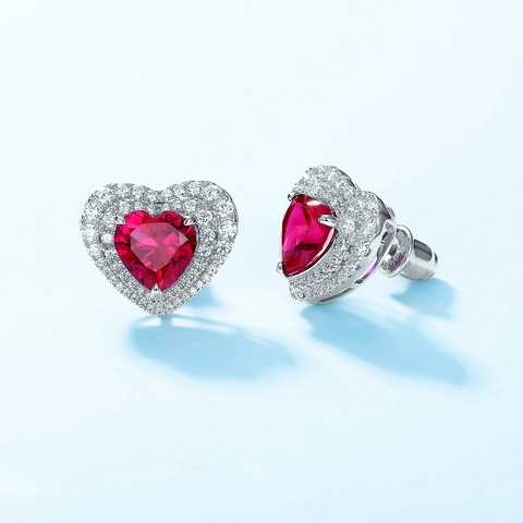 925 Sterling Silver Red Corundum Heart Stud Earrings Luxury Rhinestone Pavé Sparkly Gemstone Earrings For Women Jewelry