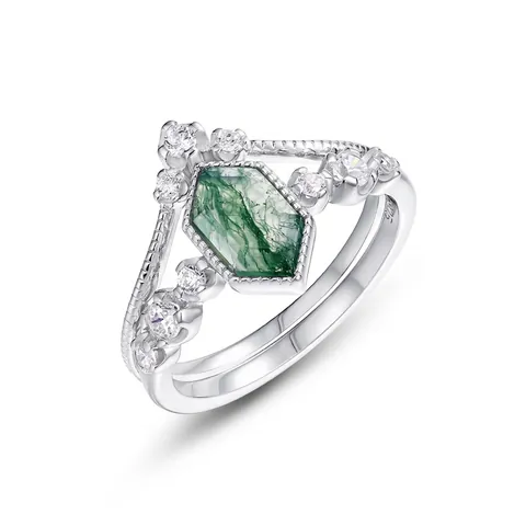 925 Sterling Zilver Mosagaat Ring Set Voor Dames Zeshoek Natuursteen Geometrisch Zirconia Ingelegde Stapelbaar Sieraden