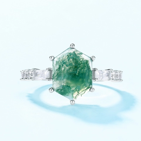 925 Sterling Silver Moss Agate Ring Hexagonal Natural Gemstone Ring With Zirconia Vintage Geometric Finger Ring Women