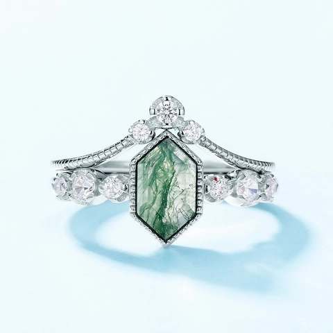 925 Sterling Zilver Mosagaat Ring Set Voor Dames Zeshoek Natuursteen Geometrisch Zirconia Ingelegde Stapelbaar Sieraden