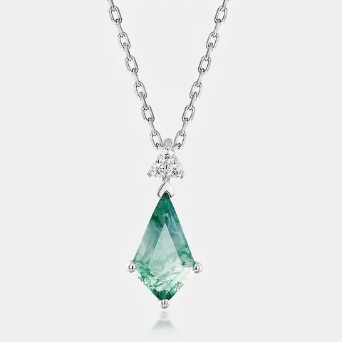 Vintage 925 Sterling Silver Moss Agate Pendant Necklace Kite Shaped Green Gemstone Rhinestone Inlaid Fashion Jewelry Women