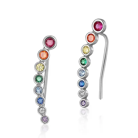Rainbow Zirconia Ear Climbers S925 Sterling Silver Inlaid Colorful Gemstone Minimalist Geometric Stud Earrings For Women Jewelry