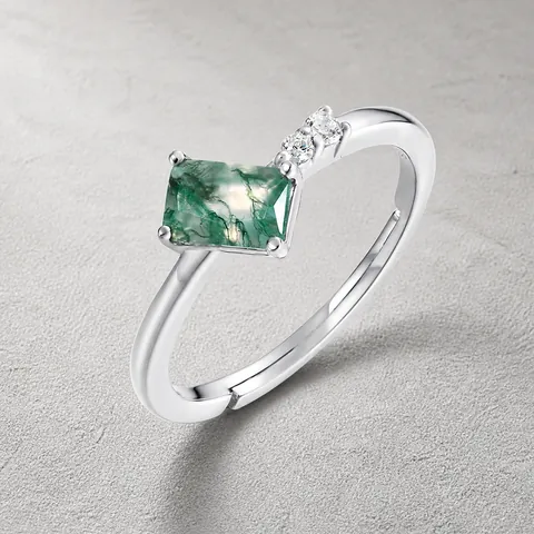 Vintage 925 Sterling Silver Moss Agate Adjustable Ring For Women Natural Rectangular Stone Inlaid Rhinestone Open Ring Jewelry