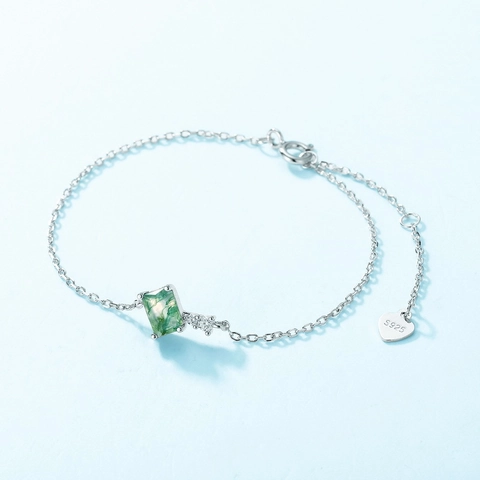Braccialetto in Agata Muschiata Naturale Argento Sterling 925 Bracciale a Catena con Pietra Verde Geometrica Donna Gioielli