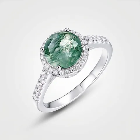 Vintage 925 Sterlingsilber Ring Für Damen Natur Grün Moosachat Eingelegt Zirkonia Halo Ring Elegant Einzigartig Edelstein Schmuck