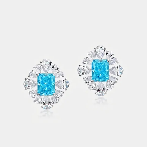 Luxus 925 Sterlingsilber Aquamarin Zirkonia Ohrstecker Blumenform Eisblumenschliff Strahlend Blaue Edelstein Ohrstecker Schmuck