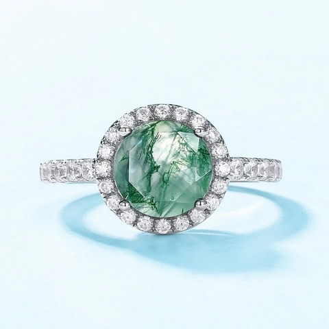 Vintage 925 Sterling Zilveren Ronde Groene Mosagaat Halo Ring Voor Dames Minimalistische Zirconia Ingelegde Edelsteen Sieraden Cadeau