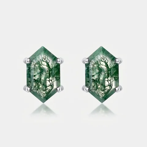 Orecchini a Bottone Esagonali in Agata Muschiata Naturale Perno in Argento Sterling 925 Eleganti Orecchini Geometrici Pietra Verde Donna Gioielli