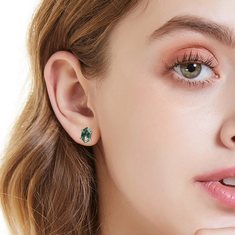 Orecchini a Bottone Esagonali in Agata Muschiata Naturale Perno in Argento Sterling 925 Eleganti Orecchini Geometrici Pietra Verde Donna Gioielli