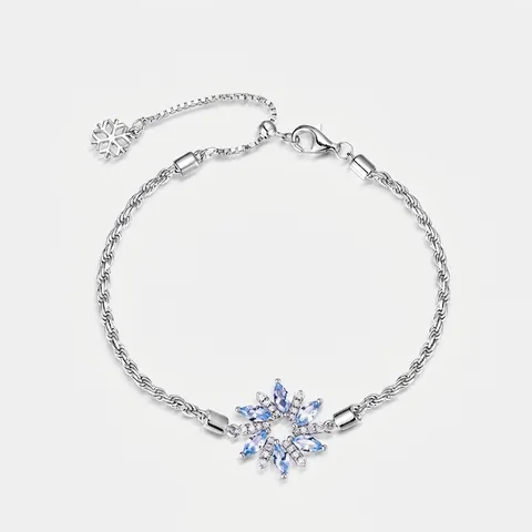 Bracciale Fiocco di Neve in Argento Sterling 925 Zirconia Blu Intarsiato Catena a Corda Torta Regolabile Gioielli Donna Regalo
