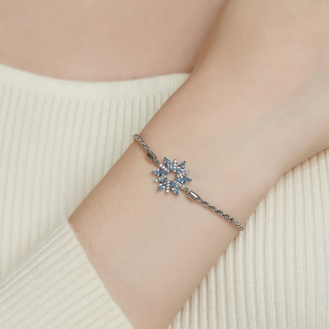Bracciale Fiocco di Neve in Argento Sterling 925 Zirconia Blu Intarsiato Catena a Corda Torta Regolabile Gioielli Donna Regalo