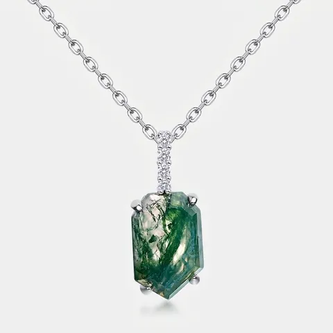 Collar con Colgante de Ágata Musgosa Natural Hexagonal Plata de Ley 925 Strass Cadena Geométrica para Mujer Joyería Regalo