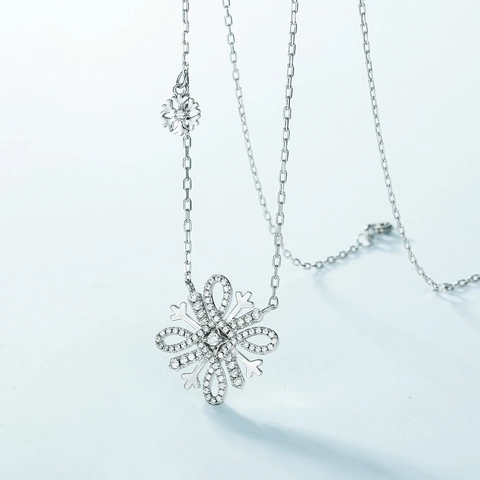 Collana con Pendente Fiocco di Neve in Argento Sterling 925 Elegante Strass Lucido Doppio Fiocco di Neve Catena Regolabile Donna