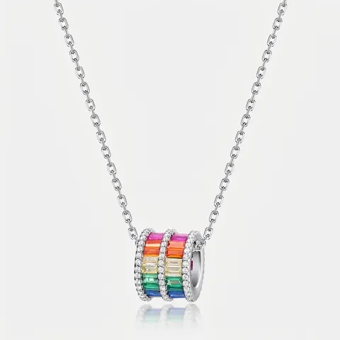 925 Sterling Silver Rainbow Zirconia Cylinder Pendant Necklace For Women White Gold Plated Geometric Fashion Jewelry Clavicle Chain