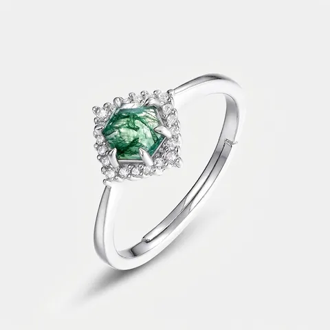 Anello Aperto in Argento Sterling 925 con Agata Muschiata Naturale per Donna Esagono Geometrico Zirconia Intarsiato Vintage Regolabile