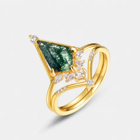 Vintage 925 Sterlingsilber Vergoldet Moosachat Ringe Für Damen Geometrischer Drachenschliff Grüner Achat Ringe Schmuck