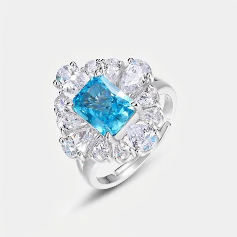Luxury 925 Sterling Silver Radiant Cut Sea Blue Zirconia Ring For Women Octagon Halo Adjustable Open Finger Ring Jewelry