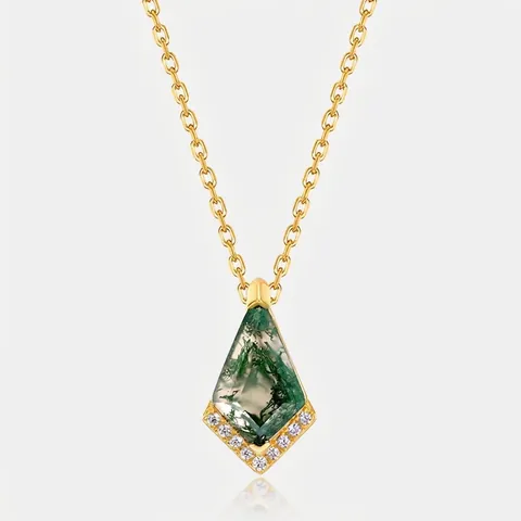 Halskette Aus 925 Sterlingsilber Mit Natürlichem Moosachat Anhänger Vergoldet Drachenform Geometrisch Strass Schmuck Damen
