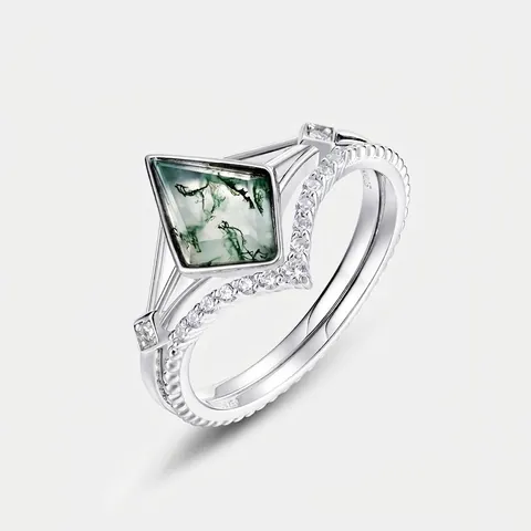 925 Sterling Silver Kite Shaped Natural Green Moss Agate Rings For Women Geometric Stackable Cubic Zirconia Wedding Jewelry