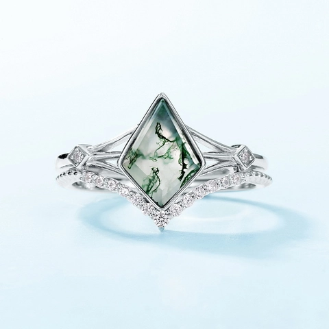 925 Sterling Silver Moss Agate Kite Shaped Green Gemstone V Shaped Rhinestone Stackable Finger Rings For Women Fine Jewelry