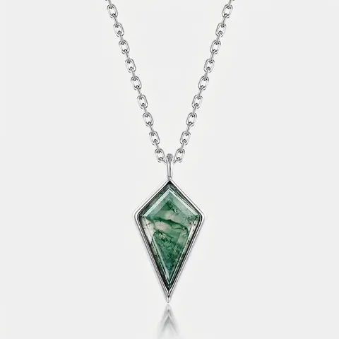 Collana con Pendente in Agata Muschiata a Forma di Aquilone in Argento Sterling 925 Retro Catena a Clavicola con Pietra Verde Geometrica per Donna Gioielli